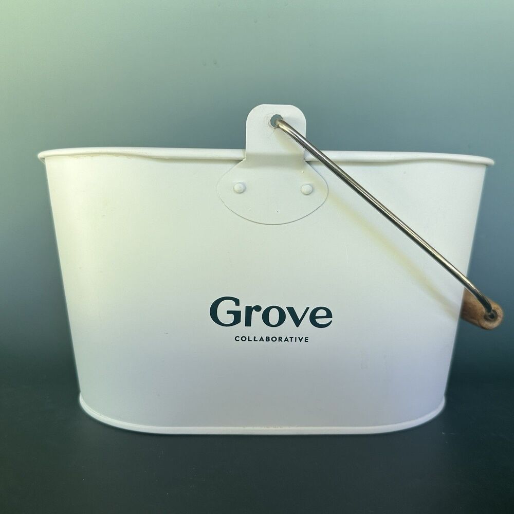 Grove Collaborative Metal Cleaning Caddy Wood Handle White Organizer